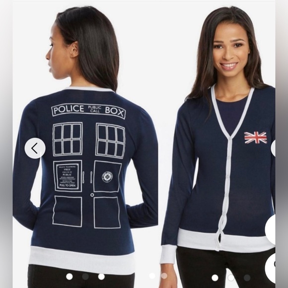 Her Universe Sweaters - Her Universe Dr Who Tardis Union Jack navy blue cardigan sweater size medium